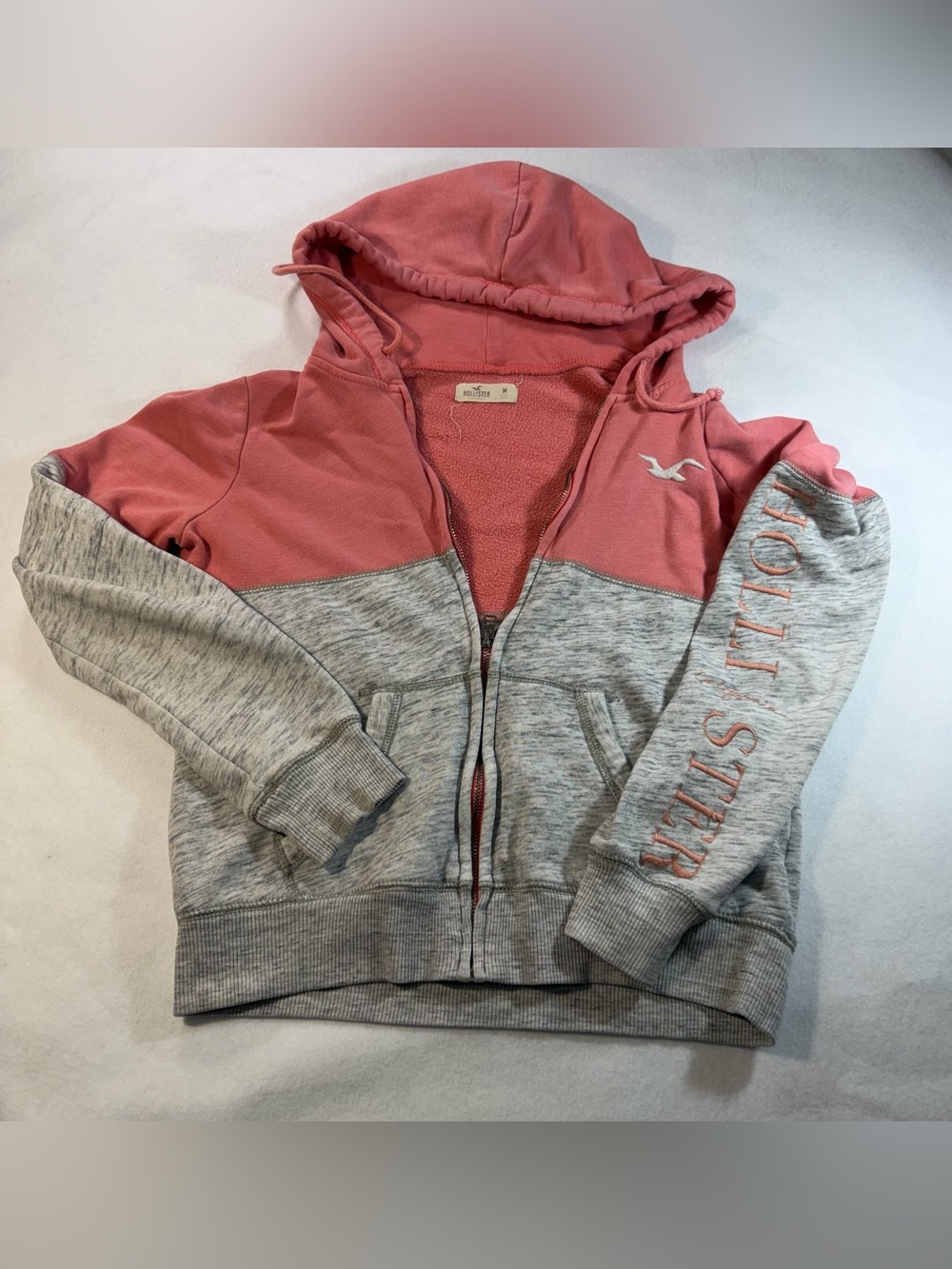 Hollister Pink Gray Colorblock Full Zip Hoodie Spellout Size M
